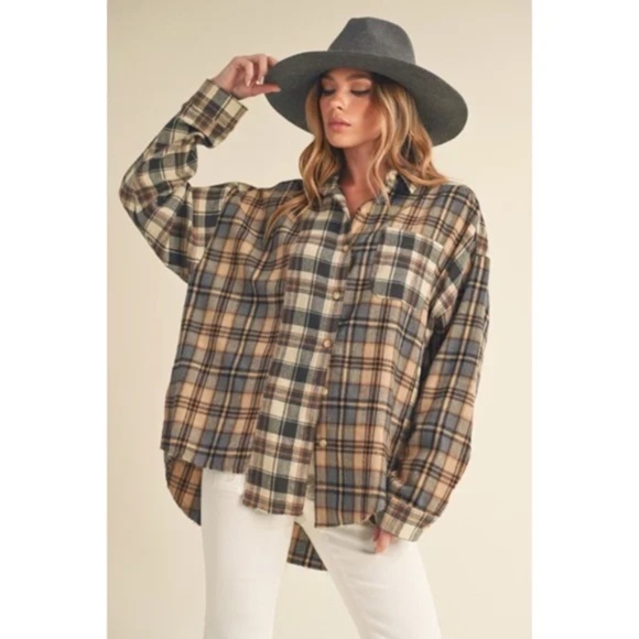 Noelle Oat Oversized Flannel Button Patchwork Long Sleeve Shirt - Picture 2 of 3